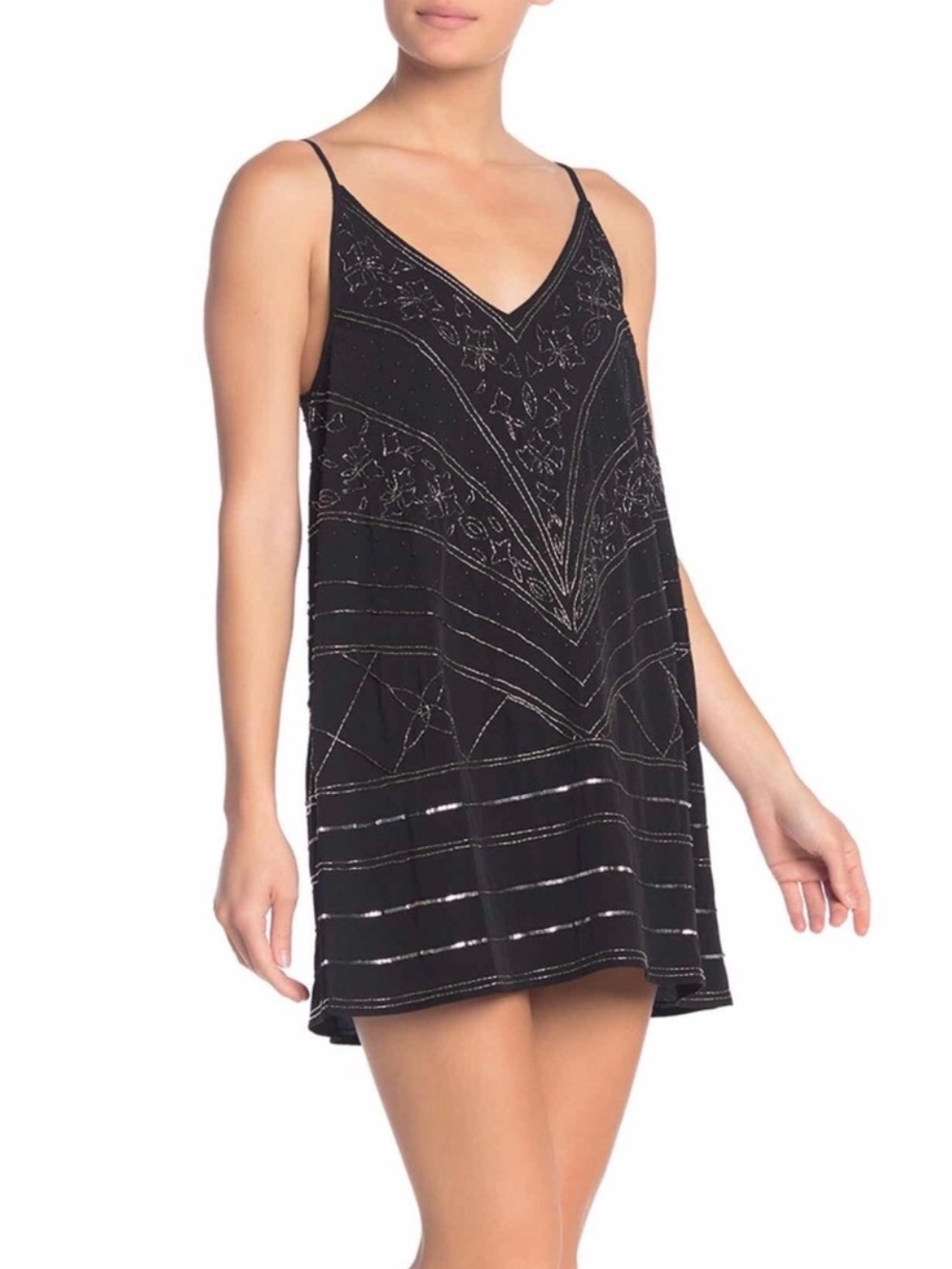 Free People Make A Move Black Beaded V-Neck Slip Dress